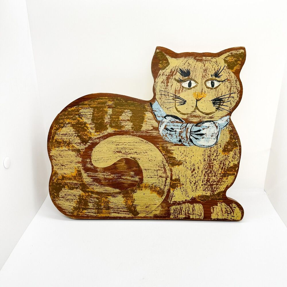 Vintage Hand Painted Wood Orange Tabby Cat Shelf Sitter Art Bow